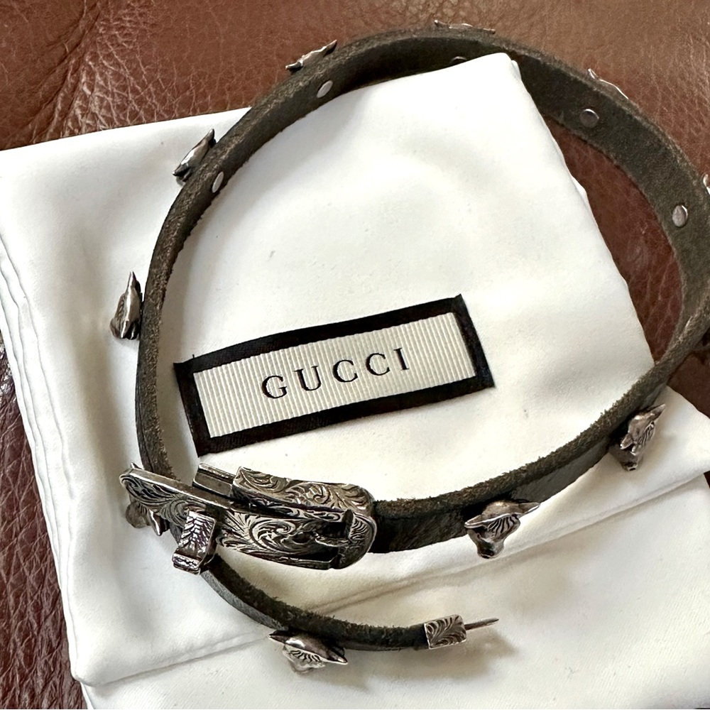 Gucci sterling silver anger forest bull head black leather choker/ double wrap